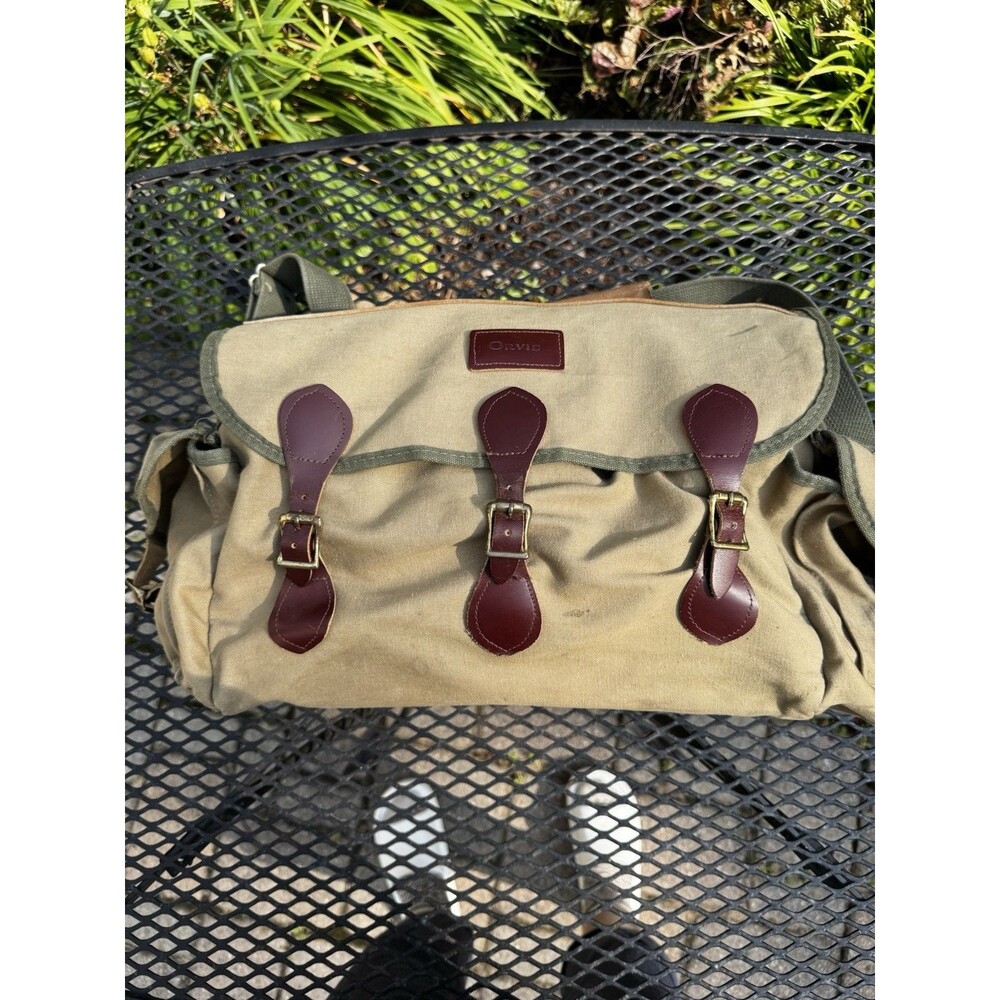 Vintage ORVIS Canvas Leather Duffle Fishing Shoulder Bag Khaki Made USA